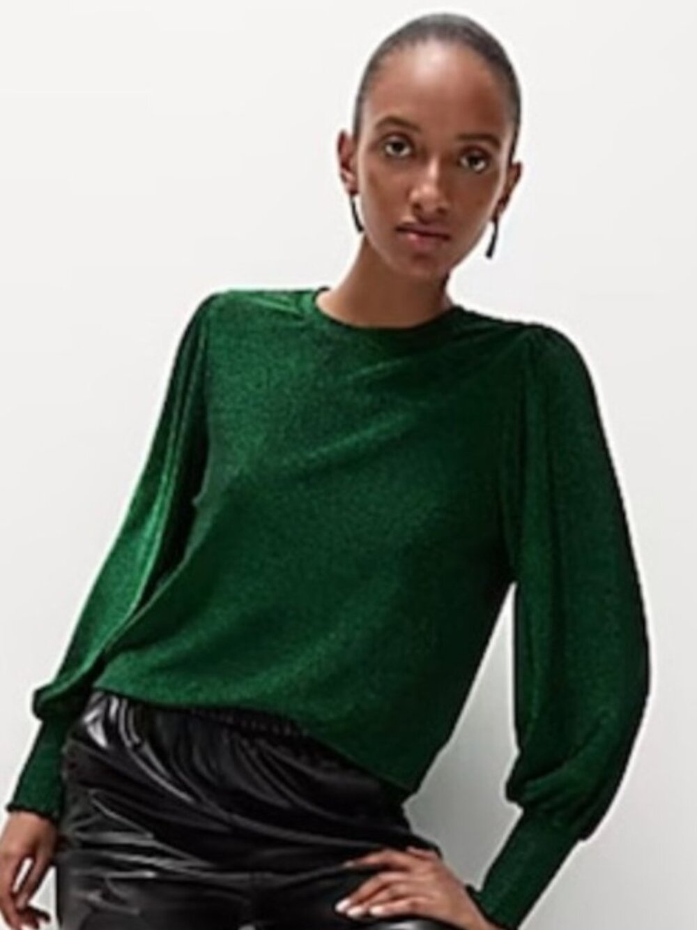 ME+EM Metallic Puff Balloon Sleeve Top Emerald Green Glitter Size US 2